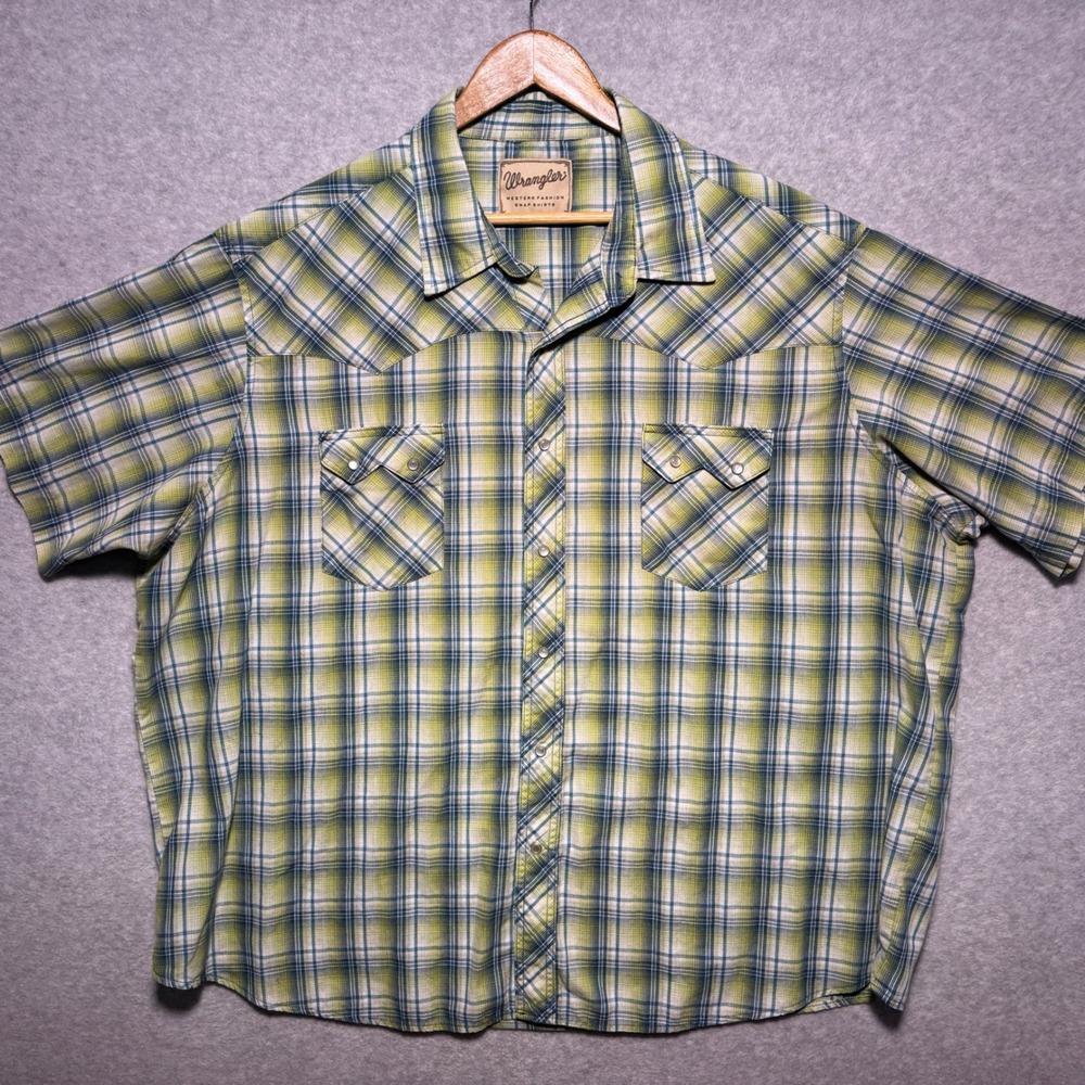 Wrangler Western Fashion Snap Shirt Mens 3XL Green Blue Plaid Short Sleeve